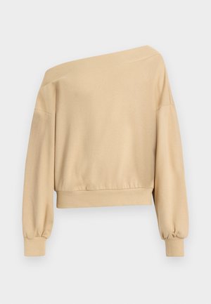 Μπεζ cropped φούτερ με μακριά μανίκια, φαρδύ ελαστικό τελείωμα και μανσέτες, με ντεκολτέ ώμου και άνετη εφαρμογή.