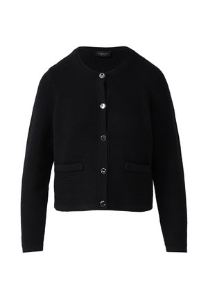 Black knitted cardigan featuring a round neckline, four button front, two patch pockets, and textured fabric with ribbed cuffs.