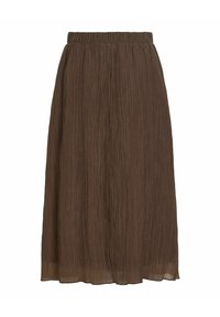 Jupe midi marron avec texture froissée, taille élastique et tissu léger semi-transparent avec une silhouette subtilement fluide.
