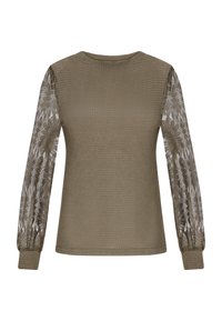 Top verde măsliniu cu mâneci lungi, cu un corp texturat și mâneci din dantelă florală transparentă, având manșete ribbate și decolteu rotund.