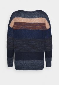 Knitted long-sleeve sweater with horizontal color blocks in navy, brown, beige, and black against a white background.