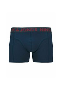 Marineblaue Boxershorts mit einem kontrastierenden roten Gummibund, auf dem der Text "Jack & Jones" prangt. Glatte Stoffqualität mit einer taillierten Passform.