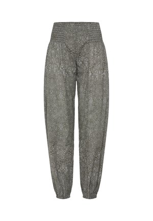 Pantalon à taille haute et coupe ample avec un motif paisley en nuances de gris, doté d'une ceinture élastique et de poignets aux chevilles.