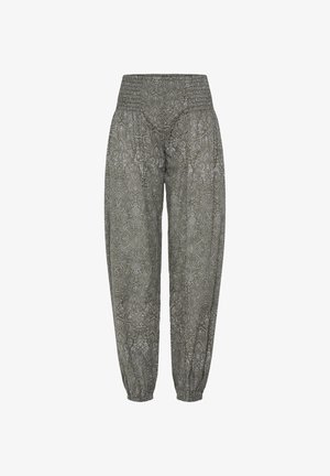 Pantalon à taille haute et coupe ample avec un motif paisley en nuances de gris, doté d'une ceinture élastique et de poignets aux chevilles.