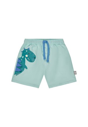 Hellblaue Kinder-Badeshorts mit elastischem Bund, blauer Kordel und einem lächelnden grünen Dinosaurier-Motiv am linken Bein.