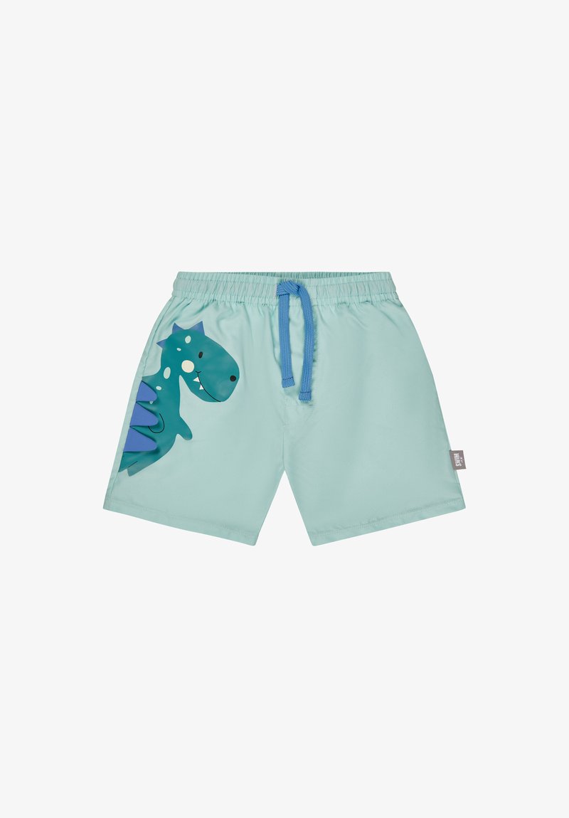Light blue children's swim shorts with an elastic waistband, blue drawstring, and a smiling green dinosaur graphic on the left leg.