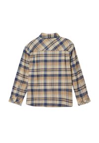 Langsleeve knoopshirt met een beige, marineblauwe en lichtblauwe ruitpatroon, van achteren weergegeven op een witte achtergrond.