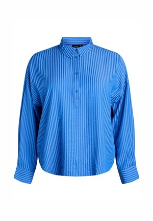 Blå langærmet skjorte med lodrette striber, en standkrave, knaplukning med tre knapper og knaplukning ved håndleddet.