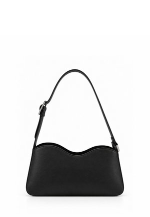 Black leather shoulder bag with a curved top edge and adjustable strap with silver buckle on a white background.