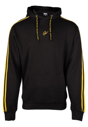 Zwarte hoodie met gele zijstrepen en koordjes. Voorzien van een voorzak en een logo op de borst. Gemaakt van zachte stof.