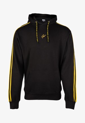 Zwarte hoodie met gele zijstrepen en koordjes. Voorzien van een voorzak en een logo op de borst. Gemaakt van zachte stof.