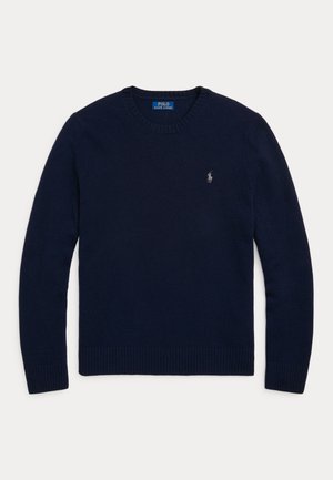 Marineblå genser med rund hals og lange ermer, med ribbestrikkede mansjetter og nederkant, og en liten Polo Ralph Lauren-logo på venstre bryst.