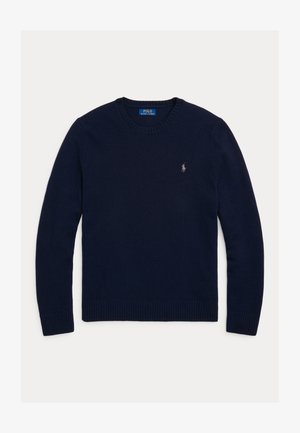 Marineblå genser med rund hals og lange ermer, med ribbestrikkede mansjetter og nederkant, og en liten Polo Ralph Lauren-logo på venstre bryst.