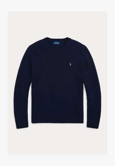 Marineblauwe trui met lange mouwen en ronde hals, met geribbelde boorden en zoom, voorzien van een klein Polo Ralph Lauren-logo op de linkerborst.