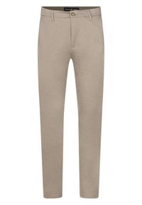 Pantalons droits beiges en mélange de coton, avec une fermeture à bouton à l'avant et deux poches latérales pour plus de fonctionnalité.
