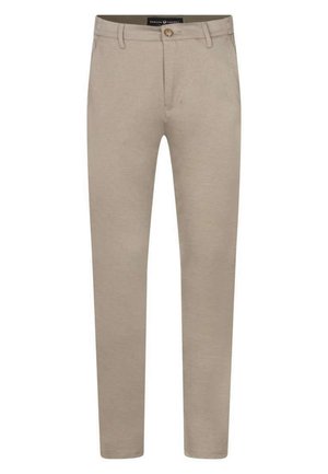 Pantalons droits beiges en mélange de coton, avec une fermeture à bouton à l'avant et deux poches latérales pour plus de fonctionnalité.