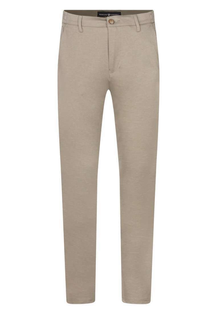 Pantalons droits beiges en mélange de coton, avec une fermeture à bouton à l'avant et deux poches latérales pour plus de fonctionnalité.