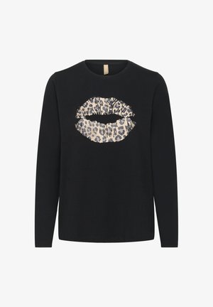 Maglietta nera a maniche lunghe con una grafica di rossetto a stampa leopardata al centro. Realizzata in morbido cotone con collo rotondo.
