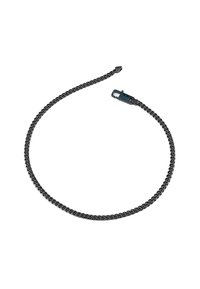 Chaîne noire tressée avec une texture lisse, dotée d'un fermoir métallique dans une tonalité bleue foncée contrastante. Design circulaire sans ornementation.