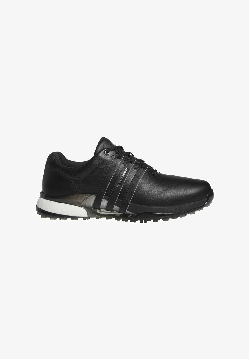 Black athletic shoe featuring a smooth leather upper, three horizontal stripes, and a textured rubber sole with white accents.