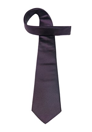 Dark purple necktie with a small white dotted pattern, shown partially looped and hanging against a white background.