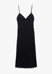 Schwarzes ärmelloses Kleid mit figurbetontem Oberteil, V-Ausschnitt und geradem Saum. Verfügt über verstreute silberne Verzierungen für eine interessante Textur.