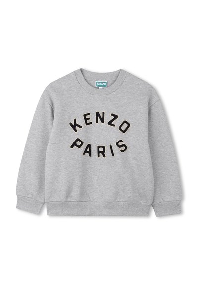 Sweatshirt en coton gris avec un motif rond portant "KENZO PARIS" en lettres noires, manches côtelées et taille côtelée.