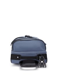 Blue fabric travel bag with a retractable handle, black accents, silver hardware, and a black keychain attachment on the side.