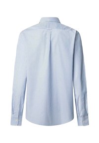 Camisa de manga larga a rayas azul claro y blanca, con cuello, puños abotonados, pliegue trasero y tejido de algodón suave.