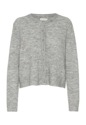 Cárdigan gris de punto con cuello redondo, cierre de botones y puños y dobladillo acanalados. Textura suave, diseño casual y corto.