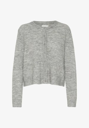 Grauer gestrickter Cardigan mit runder Ausschnitt, Knopfverschluss und gerippten Bündchen und Saum. Weicher Stoff, lässiges, cropped Design.