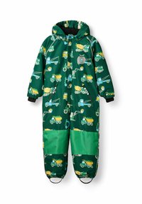 Mono de nieve verde para niños con un estampado de vehículos de construcción, que presenta un cierre de cremallera frontal, capucha y puños elásticos; incluye parches de textura verde más oscura.