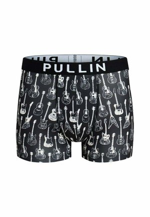 Boxer noir avec motifs de guitare électrique blancs et une ceinture noire portant la marque PULLIN en lettres blanches.