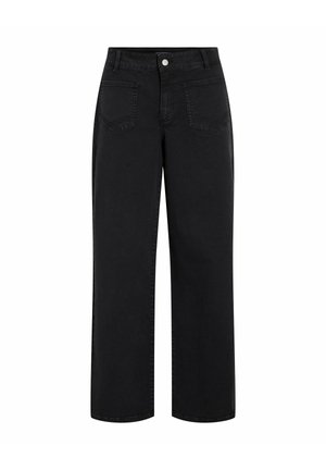 Schwarze Denim-Hose mit weitem Bein und hoher Taille, vorderen und hinteren Taschen, Metallknopfverschluss und genähten Details entlang der Nähte.