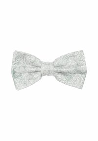 Light green paisley-patterned bow tie made from textured fabric, featuring a classic bow design and neatly tied center.