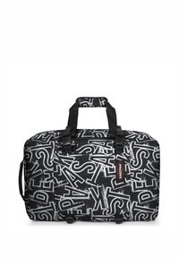 Svart duffelväska med vitt abstrakt textmönster, dubbla topphandtag, justerbar rem och dragkedjestängning för enkel åtkomst.