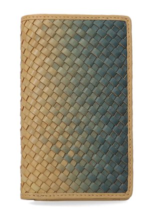 Woven leather wallet featuring a gradient from beige to teal, displaying a textured, interlaced pattern with tan edging.