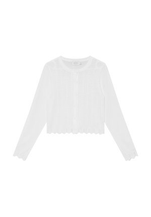 Hvid strikket cardigan med lange ærmer, rund halsudskæring og bølget kant. Har knapper foran og et tekstureret mønster over hele.