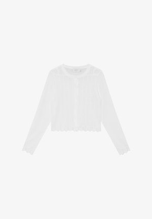 Weißer Strick-Cardigan mit langen Ärmeln, rundem Ausschnitt und gewelltem Saum. Verfügt über eine Knopfleiste vorne und ein durchgehendes Strukturmuster.