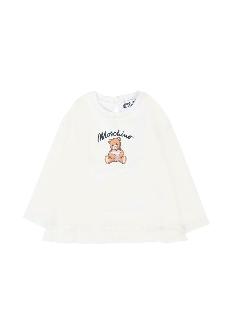 Witte lange mouwen shirt met een gerimpelde zoom, met een teddybeer graphic en de tekst "Moschino" in het zwart boven het ontwerp.