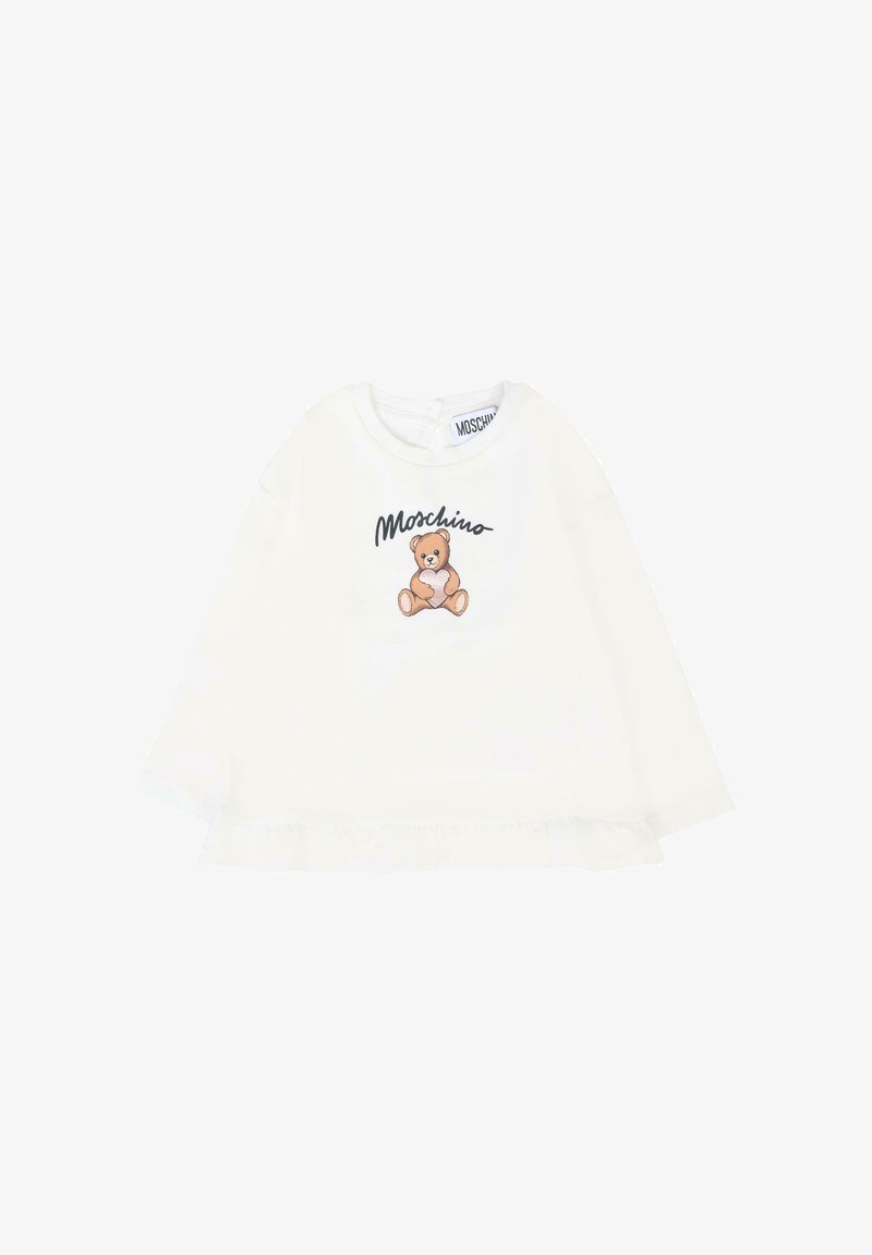 Witte lange mouwen shirt met een gerimpelde zoom, met een teddybeer graphic en de tekst "Moschino" in het zwart boven het ontwerp.