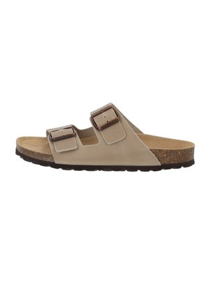 Sandalo beige con punta aperta, due cinturini regolabili con fibbie marroni, sottopiede in sughero e suola nera strutturata.