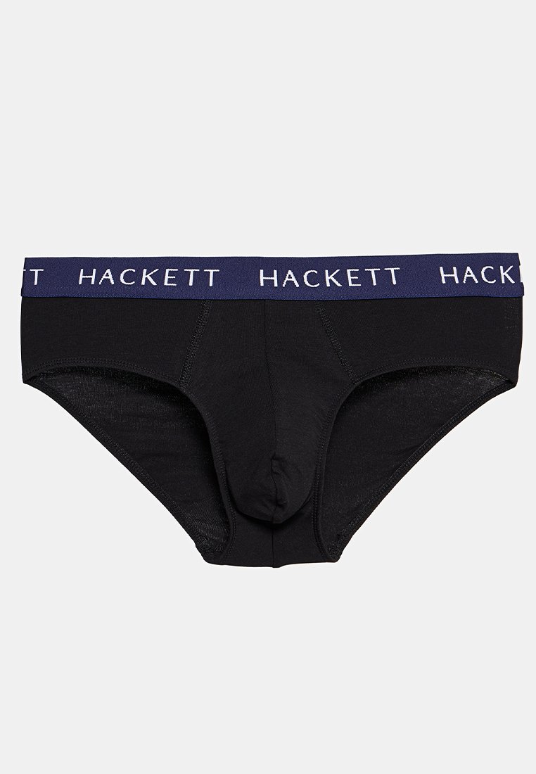 Calzoncillos de algodón negros con una cinturilla azul marino que presenta el logotipo "HACKETT" en repetidas ocasiones, diseñados con un bolsillo contorneado y una textura suave.