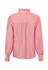Roze blouse met lange mouwen van een gestructureerde stof. Heeft een gerimpelde kraag en manchetten met knopen. De achterkant heeft een losse, vloeiende pasvorm.