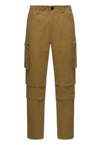 Kaki cargobroek gemaakt van een katoenen blend, met twee zijvakken, een knoopsluiting en een rechte pijp.