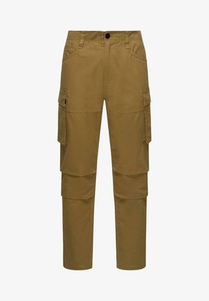 Khaki cargo kalhoty vyrobené z bavlněné směsi, s dvěma bočními cargo kapsami, knoflíkovým zapínáním a rovným střihem.