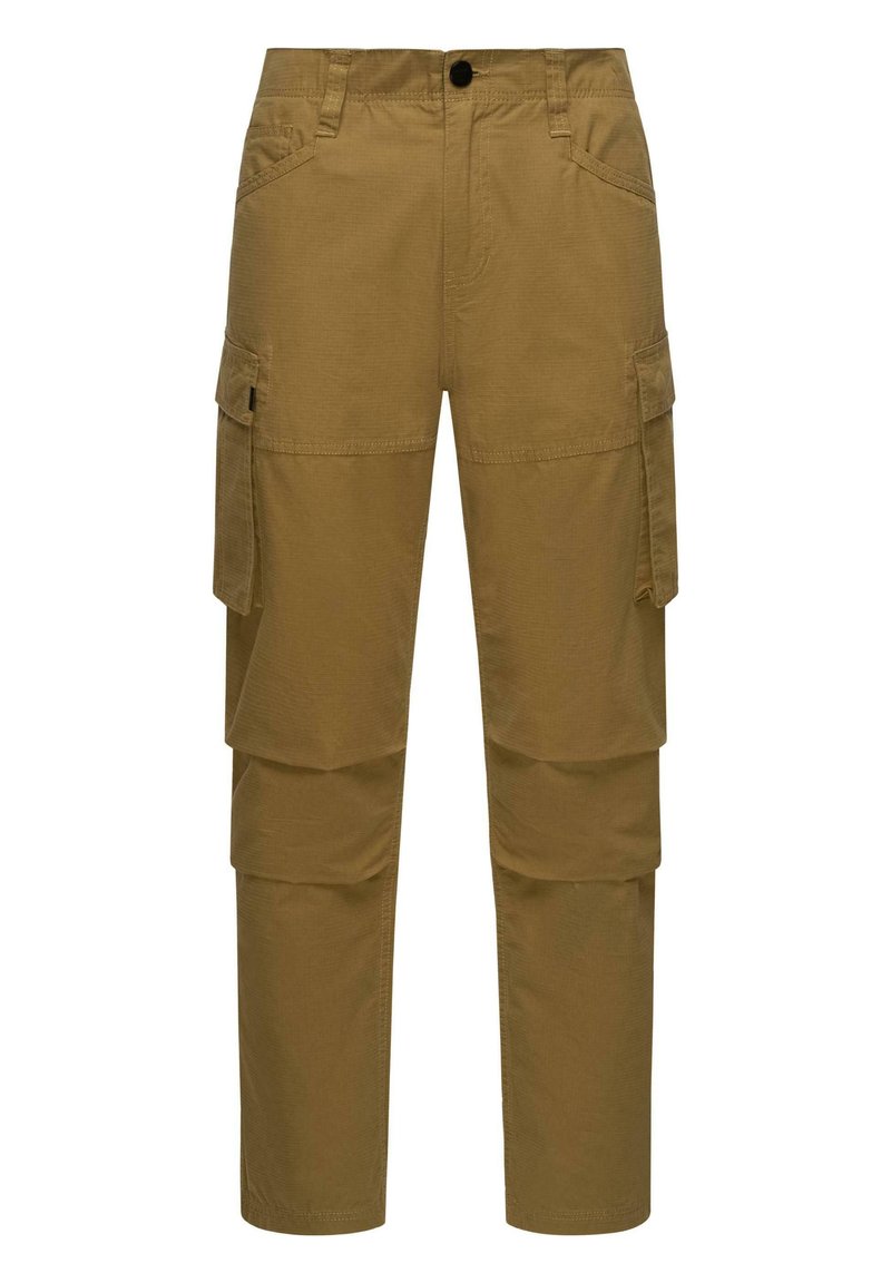 Kaki cargobroek gemaakt van een katoenen blend, met twee zijvakken, een knoopsluiting en een rechte pijp.