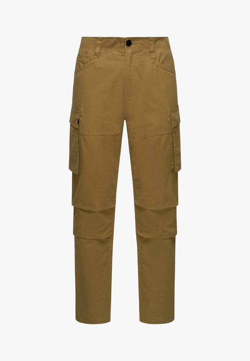 Kaki cargobroek gemaakt van een katoenen blend, met twee zijvakken, een knoopsluiting en een rechte pijp.
