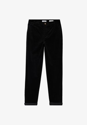 Schwarze Cord-Chinohose mit geradem Schnitt, ausgestattet mit einem einzelnen vorderen Knopf, umgeschlagenen Bündchen und vertikaler, gerippter Struktur.