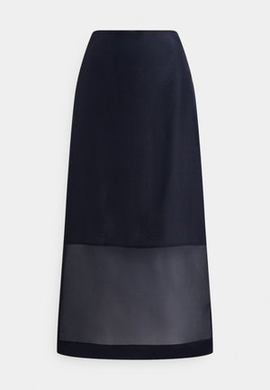 Tmavomodrá midi sukňa s áčkovým strihom a priehľadným panelom pri okraji, na bielom jednoduchom pozadí.